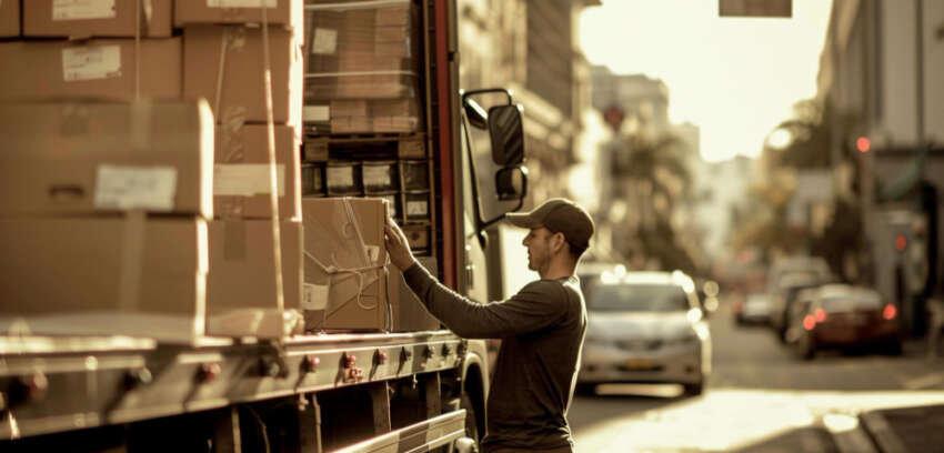 Delivery worker collecting a package from a truck loaded with parcels