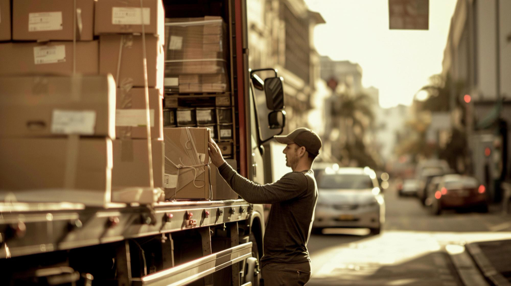 Delivery worker collecting a package from a truck loaded with parcels