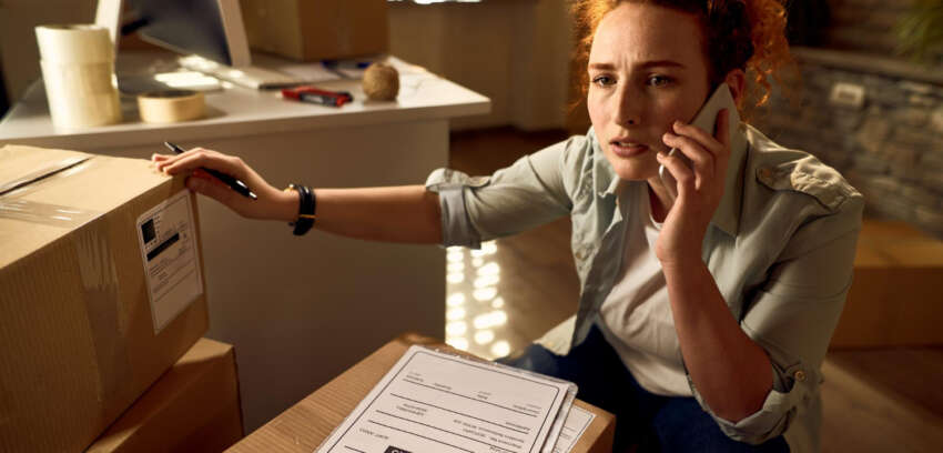 A courier looking concerned while talking on a mobile phone next to stacked delivery boxes.